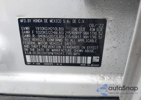 2023 Honda Hr-V Awd Ex-L z USA, uszkodzony, nr VIN 3CZRZ2H70PM704341
